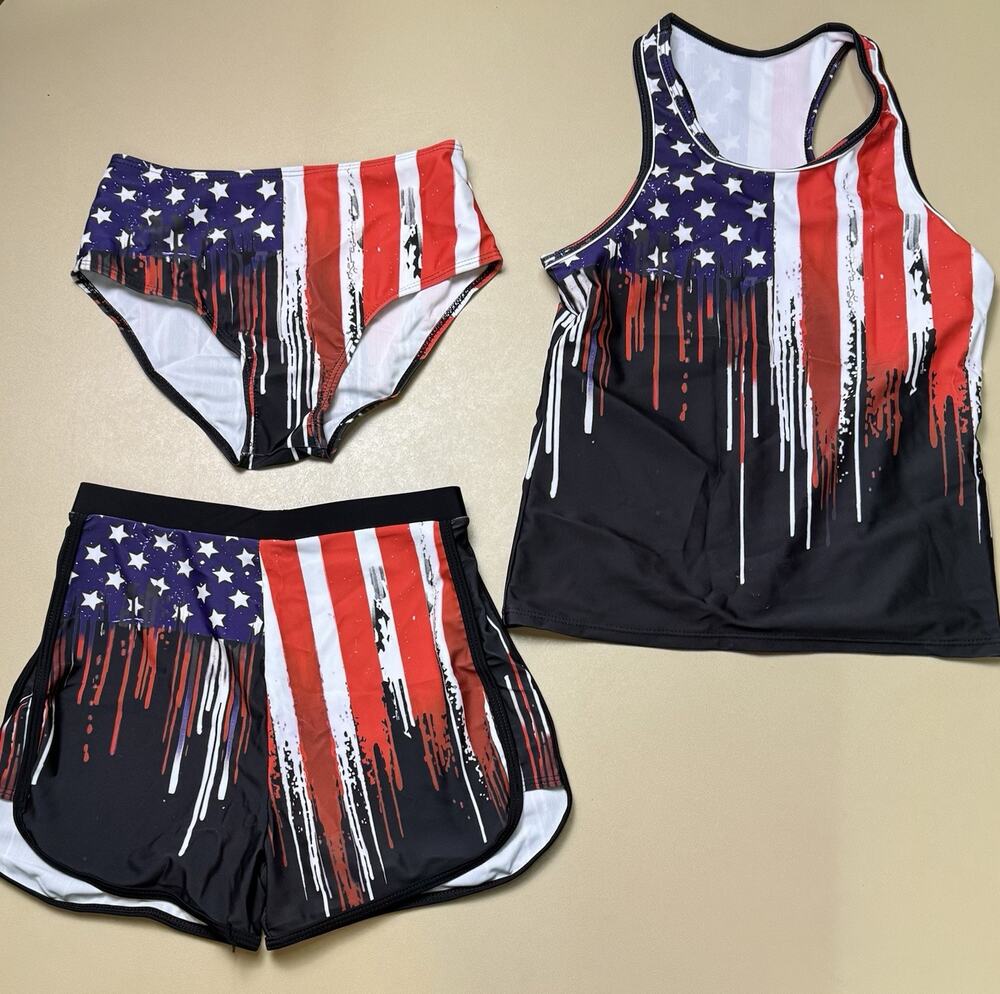 Girls 13 Years American Flag Tankini Set 3pc Patriotic Swimwear NWOT